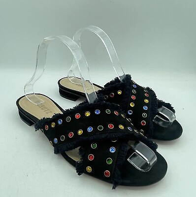 #ad SCHUTZ Walquiria Women#x27;s Flat Sandals Black Embellished Fringe Slides size 8.5B