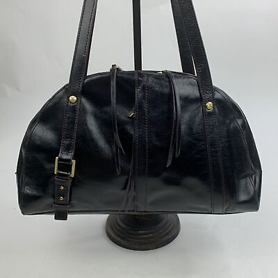 #ad Hobo Black Leather Shoulder Bag Gold zip close Blue floral lined Pockets Rare