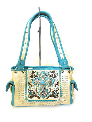 Concealed Carry CCW Rhinestone Cross Purse Shoulder Bag Beige Turquoise Blue