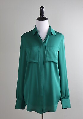 #ad J.CREW $138 Solid Green Silk Pocket Button Up Shirt Blouse Top Size 0