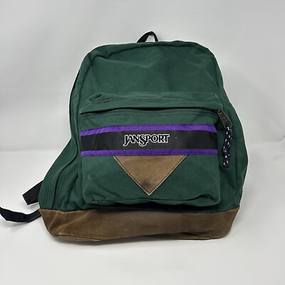 #ad Vintage Jansport Backpack Book Bag USA Made Green W Purple Band Brown Leather
