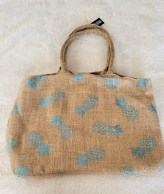#ad Bijoux Jute Beach Bag Tote with Blue Pineapple Print. New with tags.