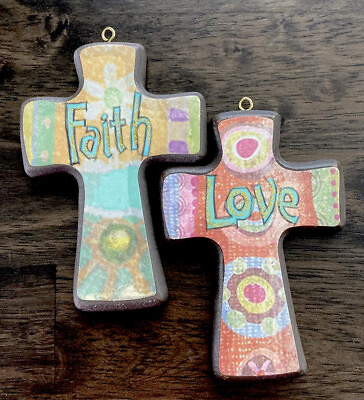 #ad Wall Hanging Pair Floral Wood Crosses Faith and Love Colorful Boho Gift Flowers