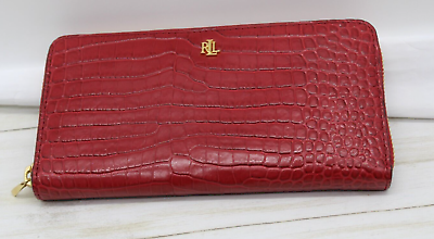 #ad Ralph Lauren Zip Around Continental Wallet Red Gold Crock Embossed Leather $150