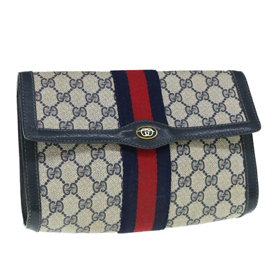 #ad GUCCI GG Supreme Sherry Line Clutch Bag Navy Red 89 01 006 Auth 63552