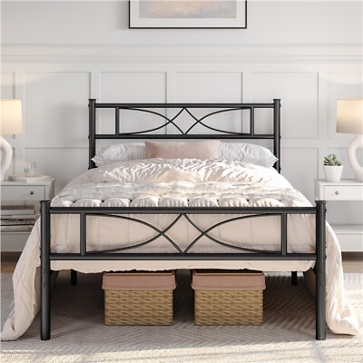 #ad Twin Full Queen King Metal Bed Frame w High Headboard Footboard Black White Gold