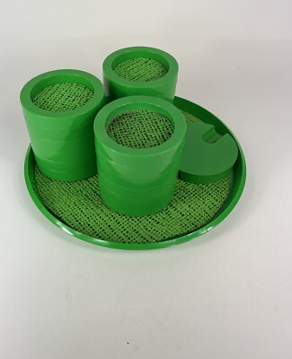 #ad Vintage 20 Piece Green Stackable Coaster Set With Serving Tray Mesh Bottom 80s