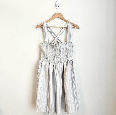 #ad New American Eagle Smocked Cross Back Striped Mini Dress Linen Blend Pastel L