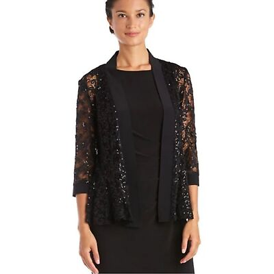 #ad Ramp;M Richards Jacket Womens 2X Evening Black Cardigan Lace Sequin Plus Size NWT