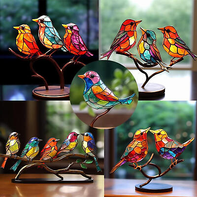 #ad Stained Glass Birds on Branch Desktop Ornaments Acrylic Flat Bird Sculpture Gift