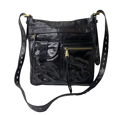 #ad HOBO Black Leather Multi Pockets Adjustable Strap Zipper Crossbody Handbag