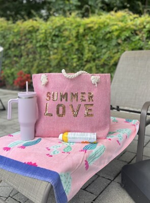 #ad Large Zipper Tote Bag Large Zipper Beach Tote Bag Pink Summer Love Tote Bag