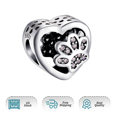 #ad Authentic Heart shaped Paw Print Charm 925 Sterling Silver Women Bracelet Charm