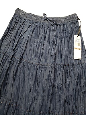 Samantha Grey Women#x27;s Size 12 Navy Elastic Waist Skirt : Cotton Blend Beaded NWT
