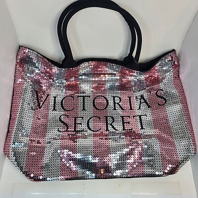 #ad Victoria Secret Tote Large Pink Sequins amp; Stripes Canvas Womens Bag New W Tags