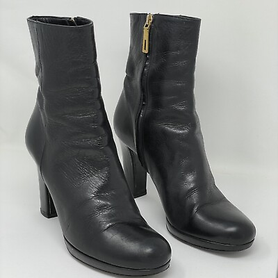 #ad Prada Sz 9 Black Leather Zip Entry Platform Heeled Boots Designer EUR 39