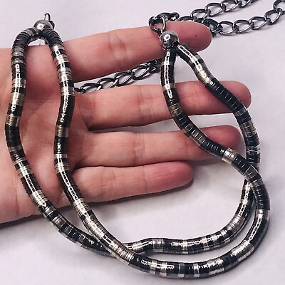 #ad Silver Link Necklace Snake Pliable Double Strand Gunmetal Grey 30quot; Continuous