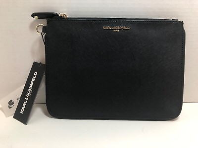 #ad Karl Lagerfeld Black Faux Leather Wristlet Gold Hardware With Tags