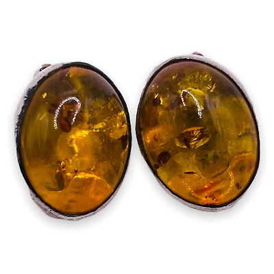 #ad Baltic Natural Amber Oval 925 Sterling Silver Clip On Earrings Vintage Chunky