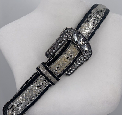 #ad Miss Me Western Bling Belt Womens Large Silver Snakeskin Genuine Leather Diamond
