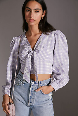 #ad NWT Anthropologie Cropped Gingham Blouse Shirt 10 Purple White Puff Sleeves
