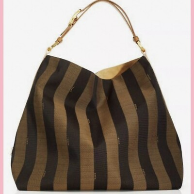 #ad Fendi Pequin Striped Canvas Large Hobo Handbag Yellow Leather Strap Bag Rare
