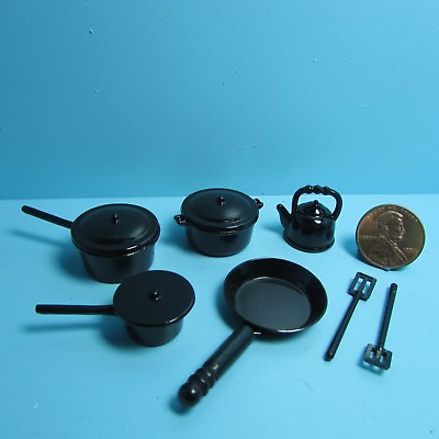 #ad Dollhouse Miniature Kitchen Cookware Set in Black 10 Metal Pieces G6106