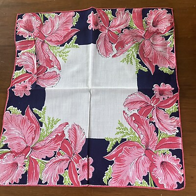 #ad Vintage Handkerchief Hankie Blue Pink Flowers 12”