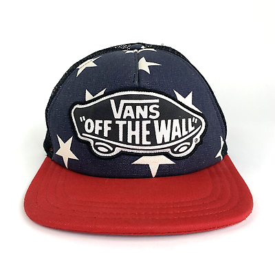 #ad Vans Off The Wall Trucker Hat Youth Size Snapback Blue w Stars Red Bill