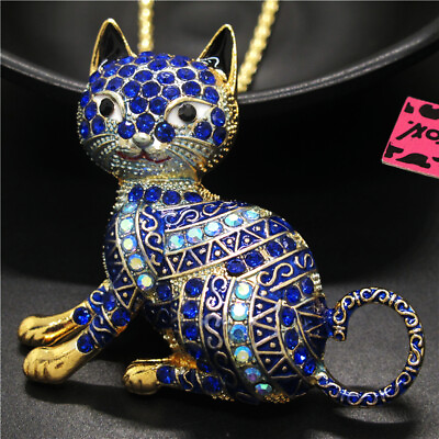 #ad New Fashion Lady Blue Enamel Cute Cat Animal Crystal Pendant Women Necklace