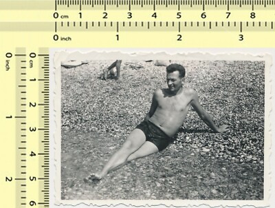 #ad Shirtless Man on Beach Laying Guy Trunks Gay Int Male vintage original old photo