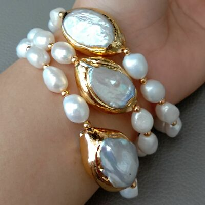 #ad 8#x27;#x27; 3 Rows Cultured White Baroque Pearl White Keshi Pearl Bracelet