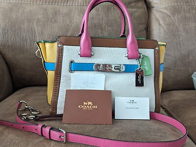 #ad COACH SWAGGER 27 RAINBOW LEATHER CARRYALL HANDBAG MULTI COLORS PREOWNED