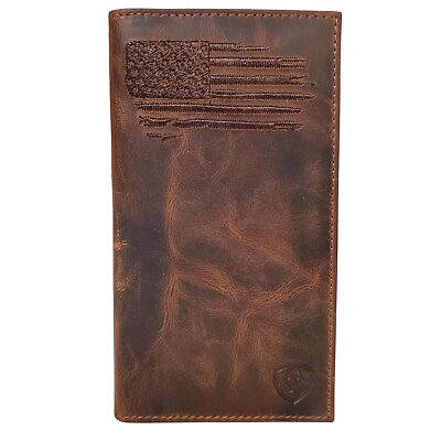 #ad Ariat Mens Distressed USA Flag Leather Rodeo Wallet Checkbook Cover