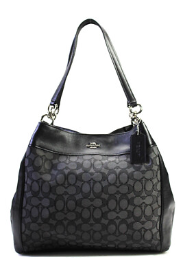#ad Coach Womens Monogram Textured Patchwork Snap Button Zipped Tote Handbag Black