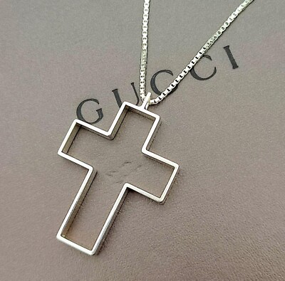 #ad GUCCI Open Cross Long Necklace Pendants Silver 925 Accessories Jewelry
