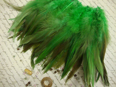 #ad Chinese Rooster Saddle Hackle Feathers Strung Green over 5 6quot; 50 Pcs.