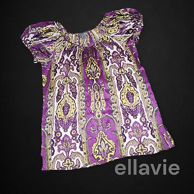 #ad Ellavie Women#x27;s Pure Silk Paisley Babydoll Blouse Purple White Lime Green S 4