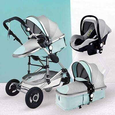#ad 2021 New Greenamp;Gray Luxurious Baby Stroller 3 in 1 Portable Travel Baby Carriage