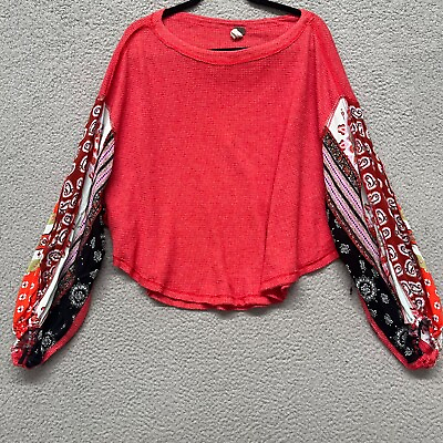 #ad We The Free People Blouse Womens M Red Waffle Thermal Oversized Boho Bohemian