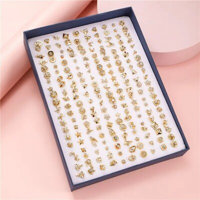 #ad 100 Pair Set Lot Stud Earrings Cute Geometric Gold Kids Girls Jewellery Gift Box