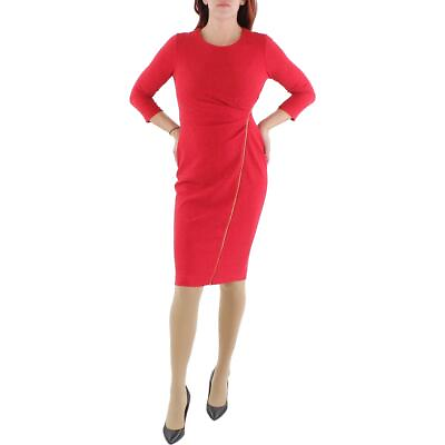 #ad Calvin Klein Womens Red Knit Metallic Midi Cocktail and Party Dress 4 BHFO 9281