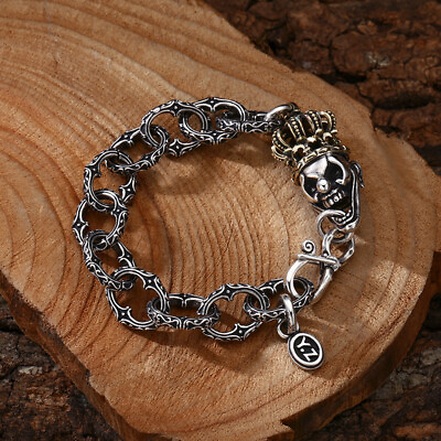 #ad 925 Sterling Silver Rolo Link Chain Bracelet for Men Jewelry Punk Retro Skull