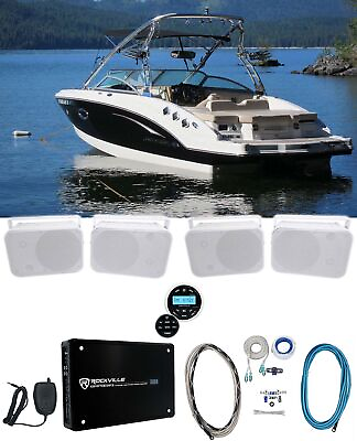 #ad Rockville RGHR2 Marine Boat Receiver w Bluetooth USB 4 6.5quot; Box SpeakersAmp