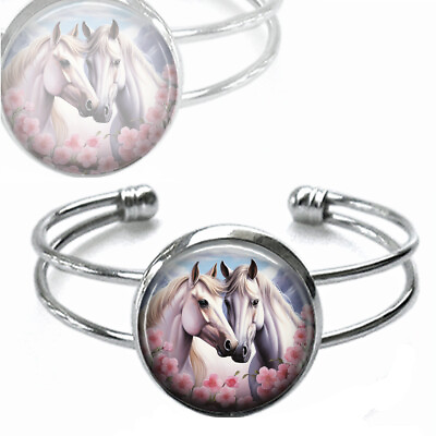 #ad Beautiful Horses Art Print Silver Bracelet Watercolor Flowers Equestrian Gift
