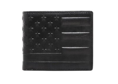 #ad Top Grain Leather RFID Blocking Bifold Wallet Embossed USA American Flag Black