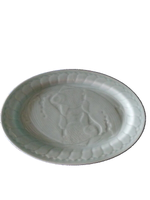 #ad Longquan Koi Fish Celadon Green China 1940s Vintage Long Oval Platter 14 L