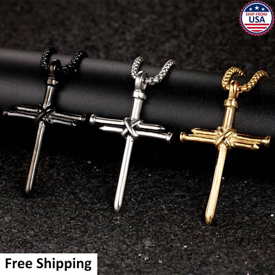 Mens Christ Jesus Crucifixion Nail Cross Pendant Necklace With Rope Chain $4.99