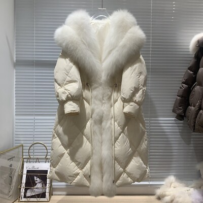#ad Womens Fox Fur Collar Goose Down Jacket Over the knee Midi Long Coat Warm Parka