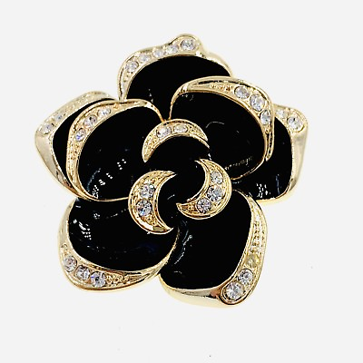 #ad USA NEW BLACK FLOWER BROOCH PIN RHINESTONE CRYSTAL Gemstone Elegant SCRF COAT #1